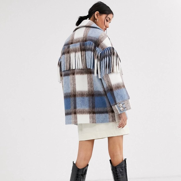 ASOS WHITE wool plaid coat with fringe, size 4 NWOT - Picture 3 of 14